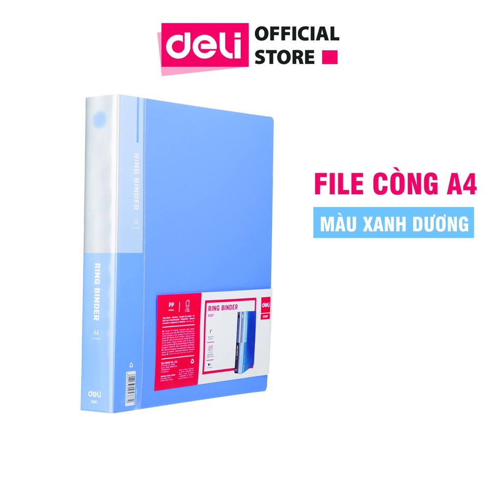 [Mã LIFEMALL99154 giảm 50K đơn 99K] File còng nhẫn A4 Deli, 2 càng, Xanh dương - 1 chiếc - 5387