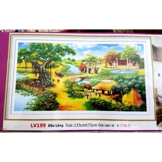 Tranh đính đá phong cảnh đồng quê lv199 cây đa giếng nước sân đình