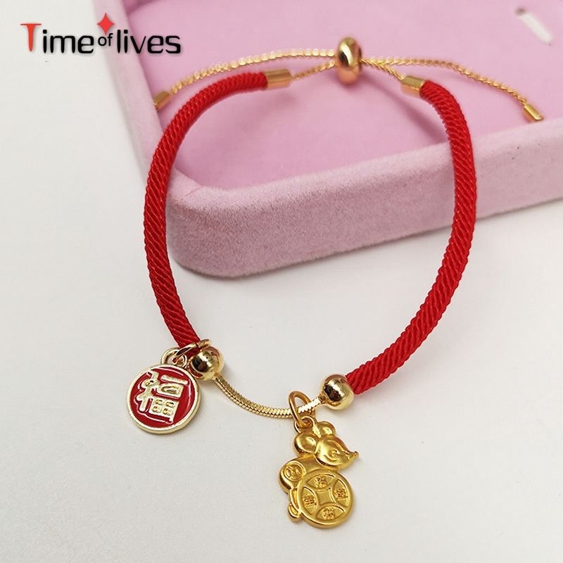 Vòng tay dây thừng đỏ dệt bằng tay đơn giản mặt hình chú chuột cầu may mắn phong cách Trung Hoa làm quà năm mới cho nữ