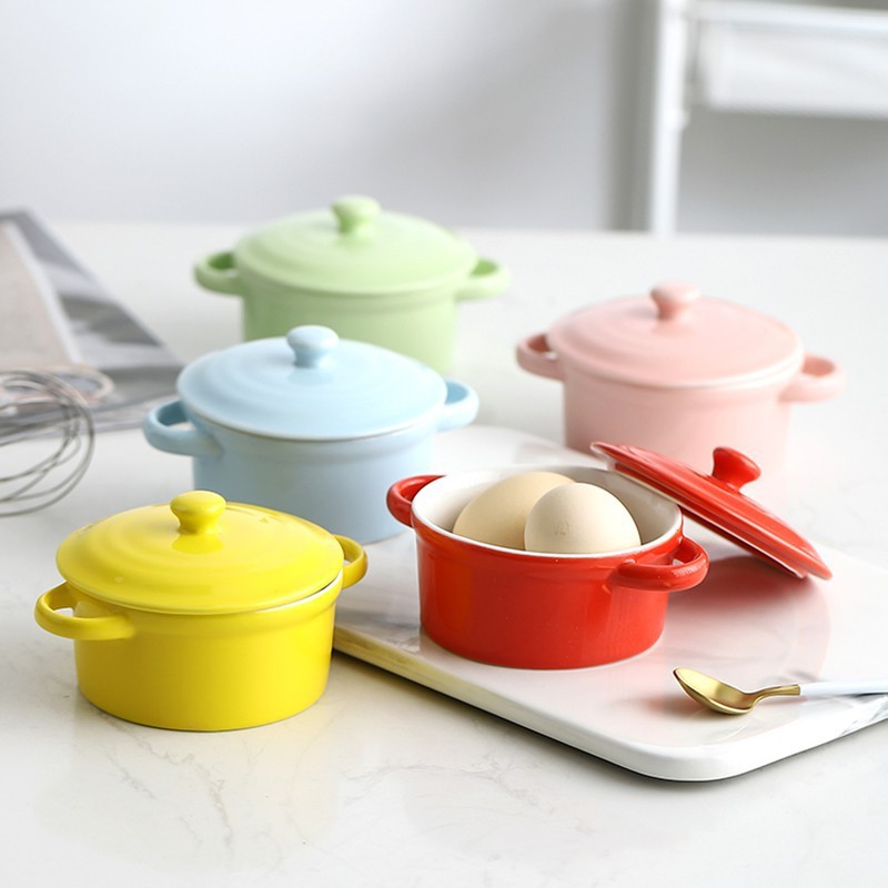 Bát sứ ăn dặm hình tròn 2 tai có nắp - Nhiều màu