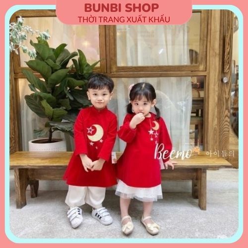 Sét áo dài đôi cho bé trai,bé gái Beemo,chất liệu nhung mịn,họa tiết ánh trăng sao dễ thương,hàng VNXK chuẩn