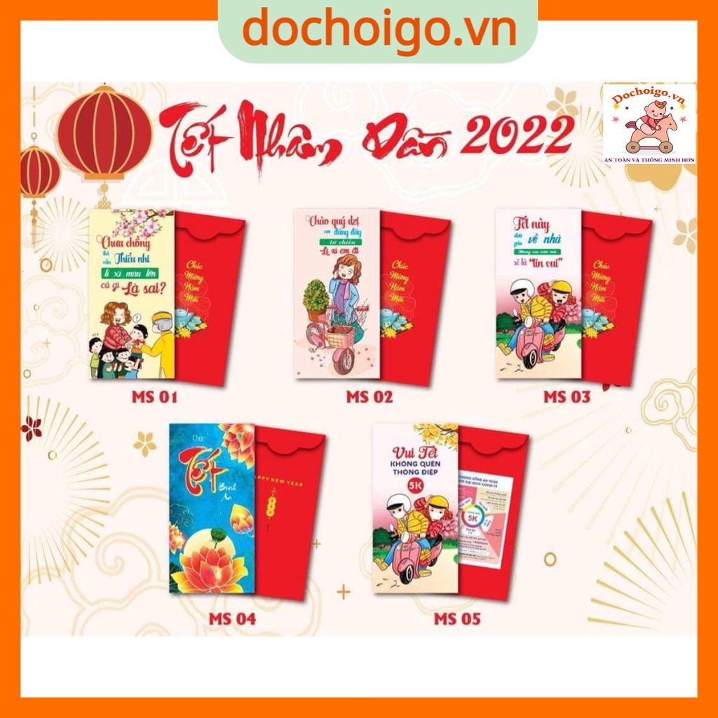 Lì xì 2022, combo 1000 chiếc 50 mẫu giấy in loại 1, tặng kèm túi dochoigo.vn