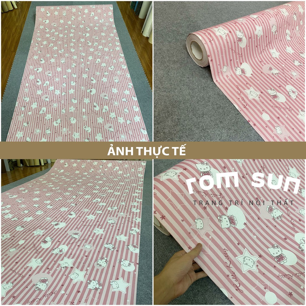 Giấy dán tường phòng ngủ khổ 60cm 1m2 màu hồng - Decal miếng dán tường hàn quốc 3D cho bé hello kitty
