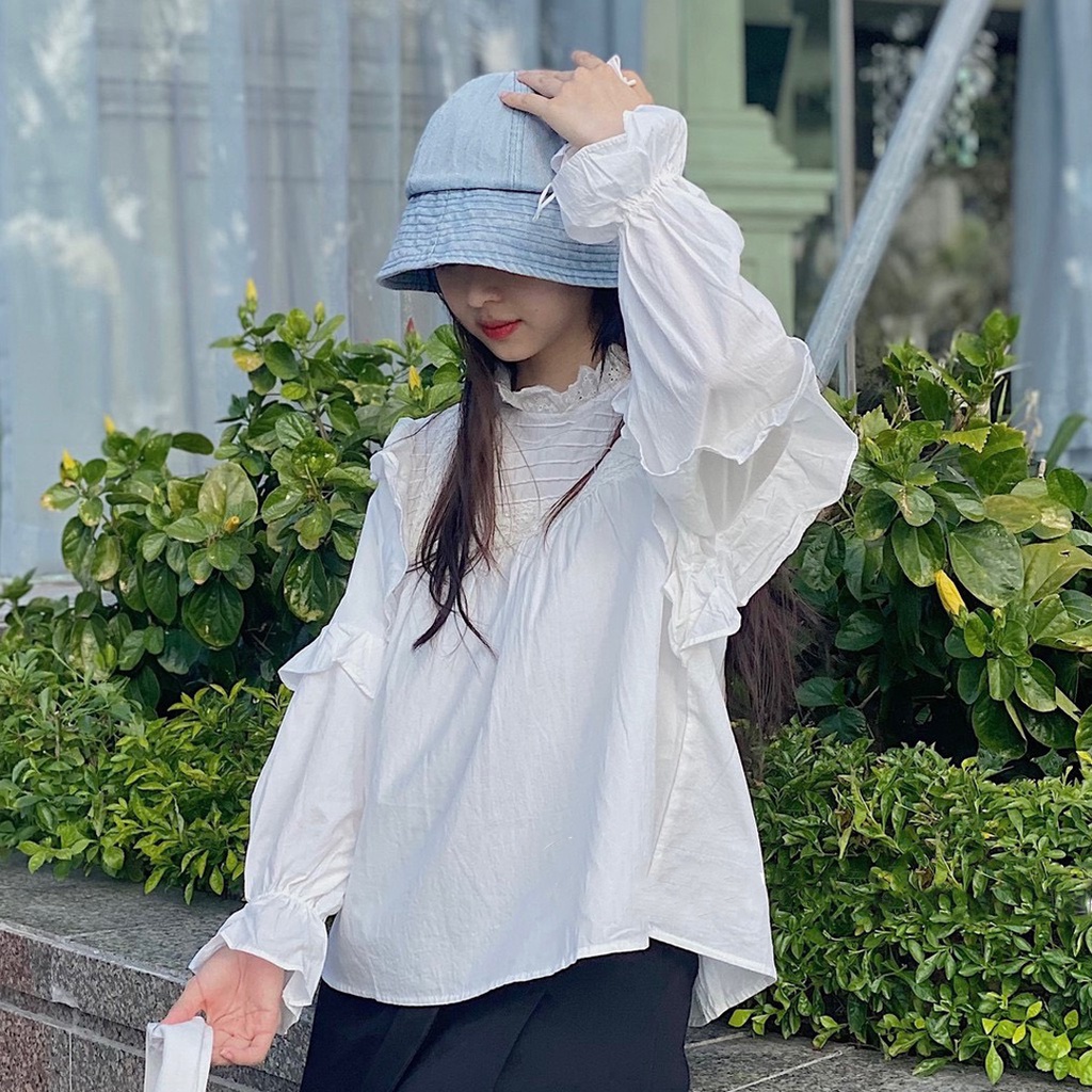 Áo sơ mi kiểu nữ, Áo sơ mi kẻ ly ngang viền bèo phong cách tiểu thư Ulzzang