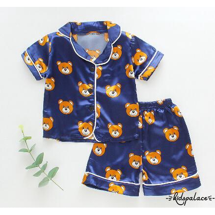 ➤♕❀❤Children Cartoon Bear Two-piece Pajamas Girls Short Sleeve Lapel Top with Button Elastic Waistband Shorts Set