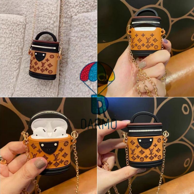 (Order 10 ngày) Case bảo vệ Airpods Pro/1/2 túi xách nâu be dáng trụ kèm quai xích
