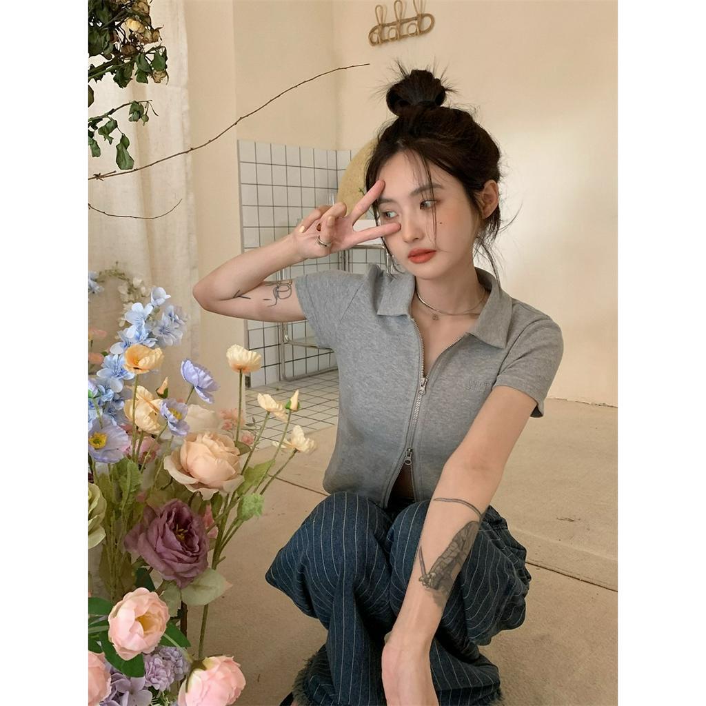 Áo Croptop Tay Ngắn Có Khóa Kéo Thêu Họa Tiết Thời Trang Mùa Hè Mới Cho Nữ