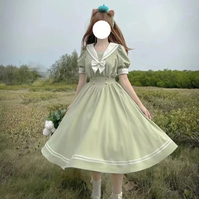 Đầm Tay Phồng Đính Nơ Phong Cách Lolita Nhật Bản Dễ Thương Cho Nữ