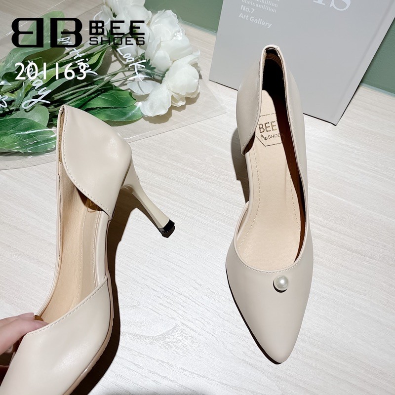 BEESHOES - GIÀY CAO GÓT NỮ MŨI NHỌN NGỌC - GIÀY CAO GÓT NỮ MŨI NHỌN GÓT NHỌN CAO 7 PHÂN SẴN MÀU ĐEN - BE - TRẮNG 201163