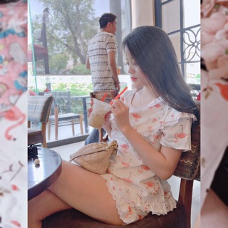 Bộ Thô Lụa Áo Cộc Quần Đùi Phối Ren Tiểu Thư