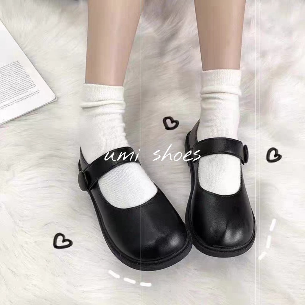 [CÓ SẴN] Giày bệt búp bê LOLITA nữ quai cài nút gỗ mũi tròn giá rẻ hot trendđơn giản màu đen/nâu đẹp bền mới