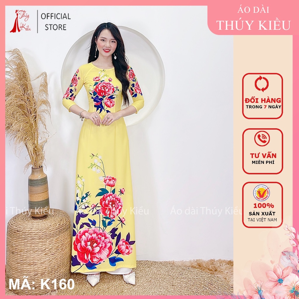 Áo dài in 3D lụa Nhật màu vàng hoa mẫu đơn K160 may sẵn đẹp thiết kế truyền thống