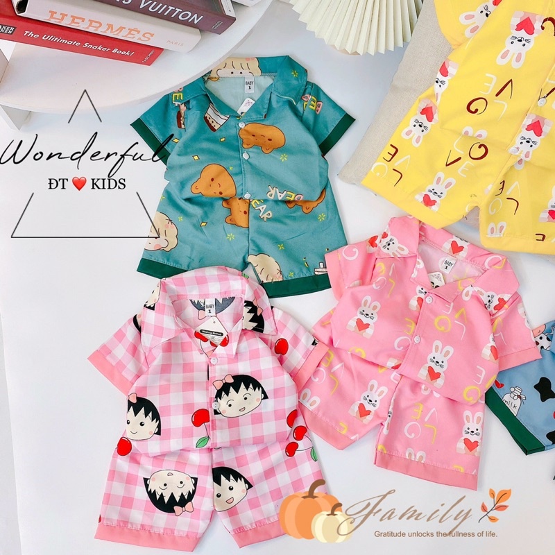 BỘ NGỦ BÉ TRAI BÉ GÁI, PIJAMA CỘC TAY HOẠ TIẾT HOẠT HÌNH DỄ THƯƠNG