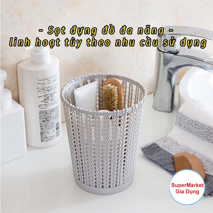 Sọt đựng rác văn phòng đa năng, thùng rác nhựa họa tiết đan mây đựng đồ Việt Nhật