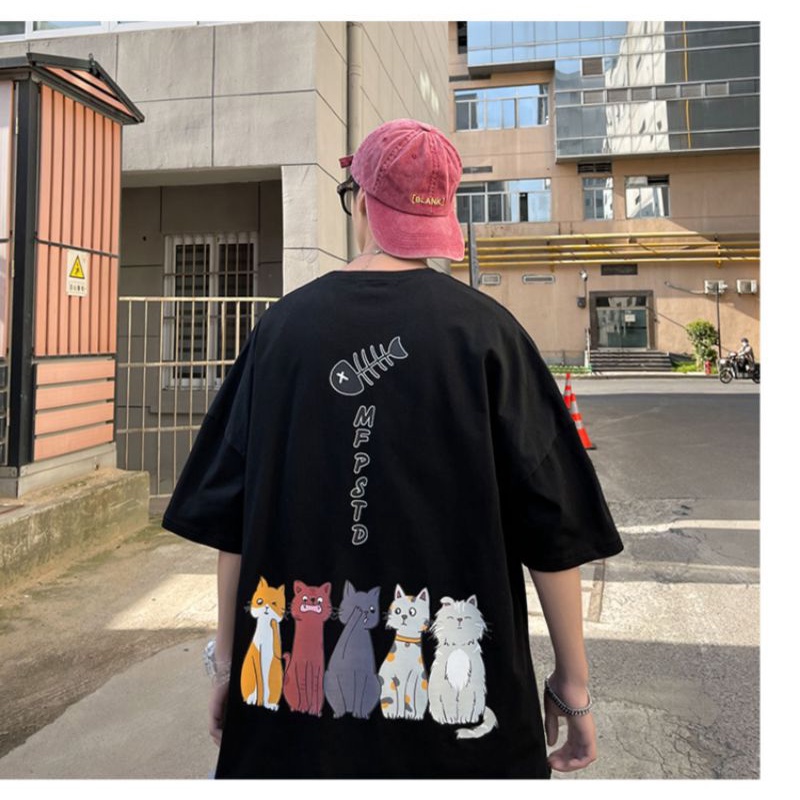 Áo Tay Lỡ Form Unisex In Hình Chú Mèo , Áo Thun Phông Rộng Nam Nữ