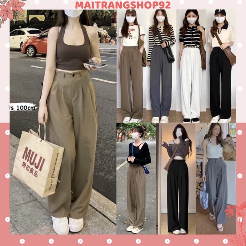 Quần ống rộng nữ dáng dài lưng cao ulzzang màu đen, nâu tây choco vải lụa hàn phong cách Hàn quốc Maitrangshop –