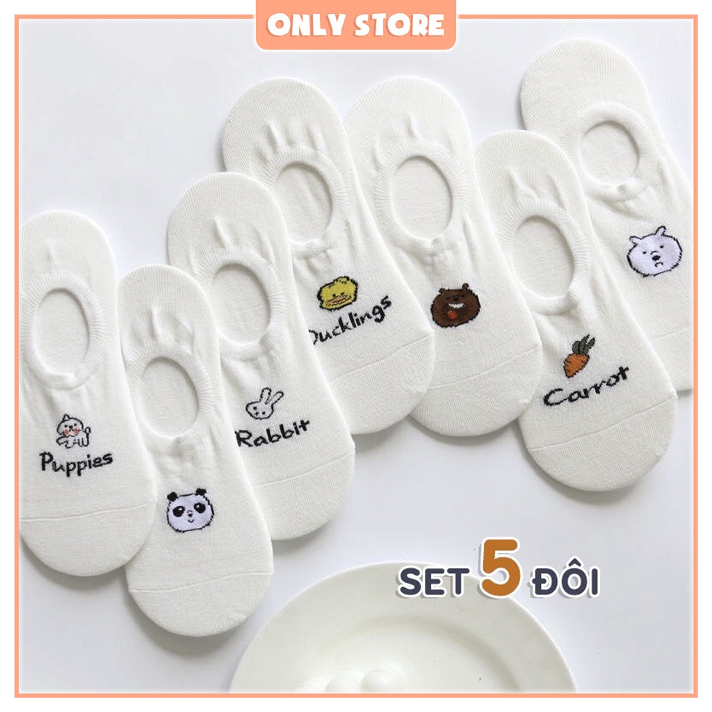Tất nữ cổ ngắn trắng vớ lười chân cổ thấp set 5 đôi họa tiết hoạt hình cute thời trang hàn quốc - Only Store