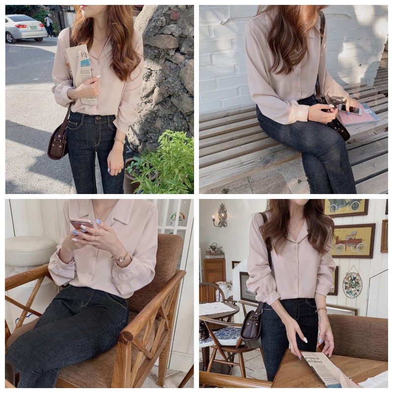 Áo sơ mi chiffon SUXI tay dài cổ vest 6 màu phong cách Hàn Quốc đơn giản cho nữ