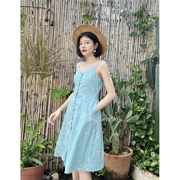 Đầm hai dây hoa nhí phom 7 mảnh tôn dáng chất cotton lụa