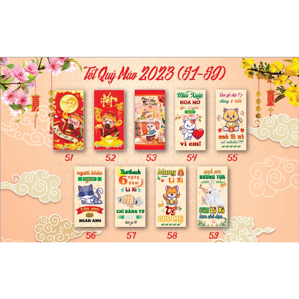 Sỉ 100 bao lì xì HOT nhất tết quỹ mão 2023 được chọn mẫu tặng kèm túi ninong giấy in đẹp loại 1