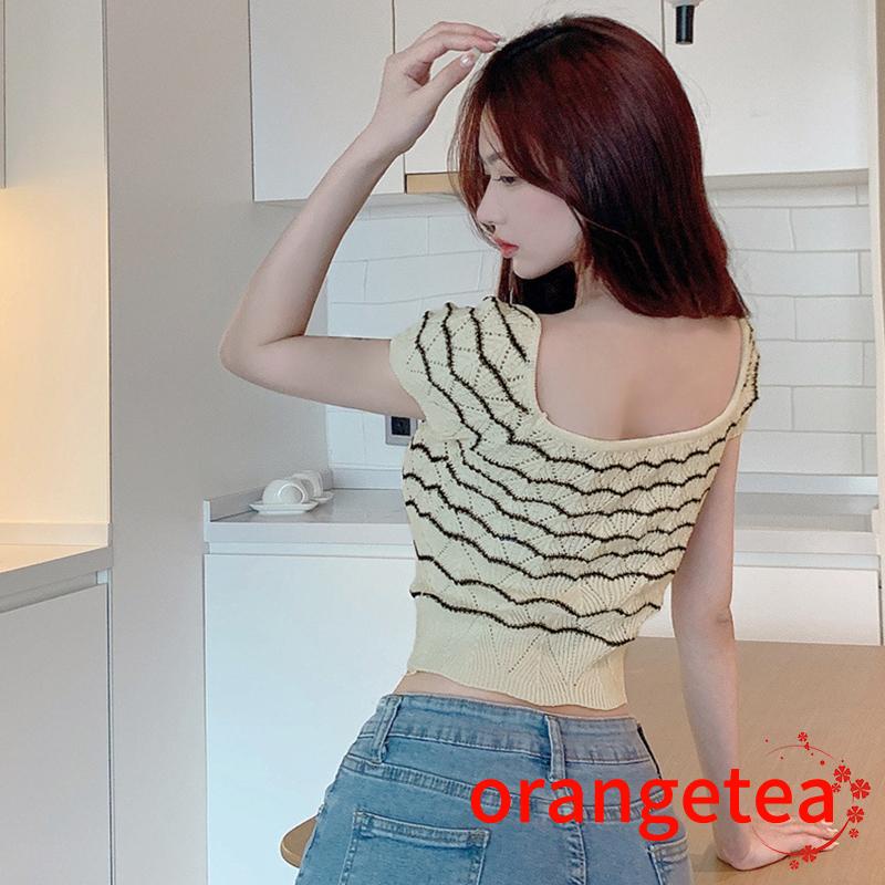 Áo Thun Dệt Kim Cổ Vuông Họa Tiết Kẻ Sọc Thời Trang Cho Nữ ZZX8