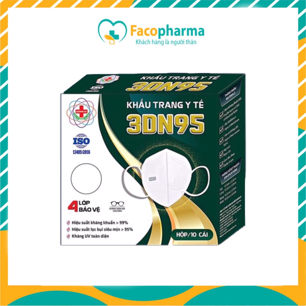 Khẩu trang y tế 3D chính hãng 4 lớp kháng khuẩn chống bụi mịn 3DN95 Khánh An hộp 10 cái KA3DN95O