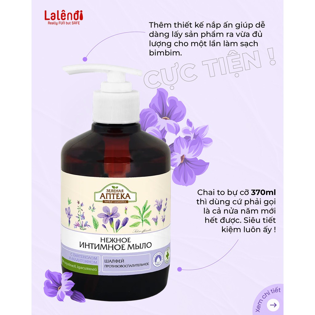 Dung dịch vệ sinh phụ nữ Zelenaya Apteka Nga, sạch khuẩn, khô thoáng 370ml | Lalendi Store