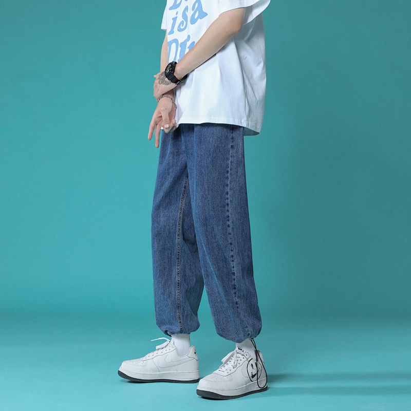Quần Jean Lửng Ống Rộng Màu Sáng Phối Dây Rút Thời Trang Mùa Hè Cho Nam