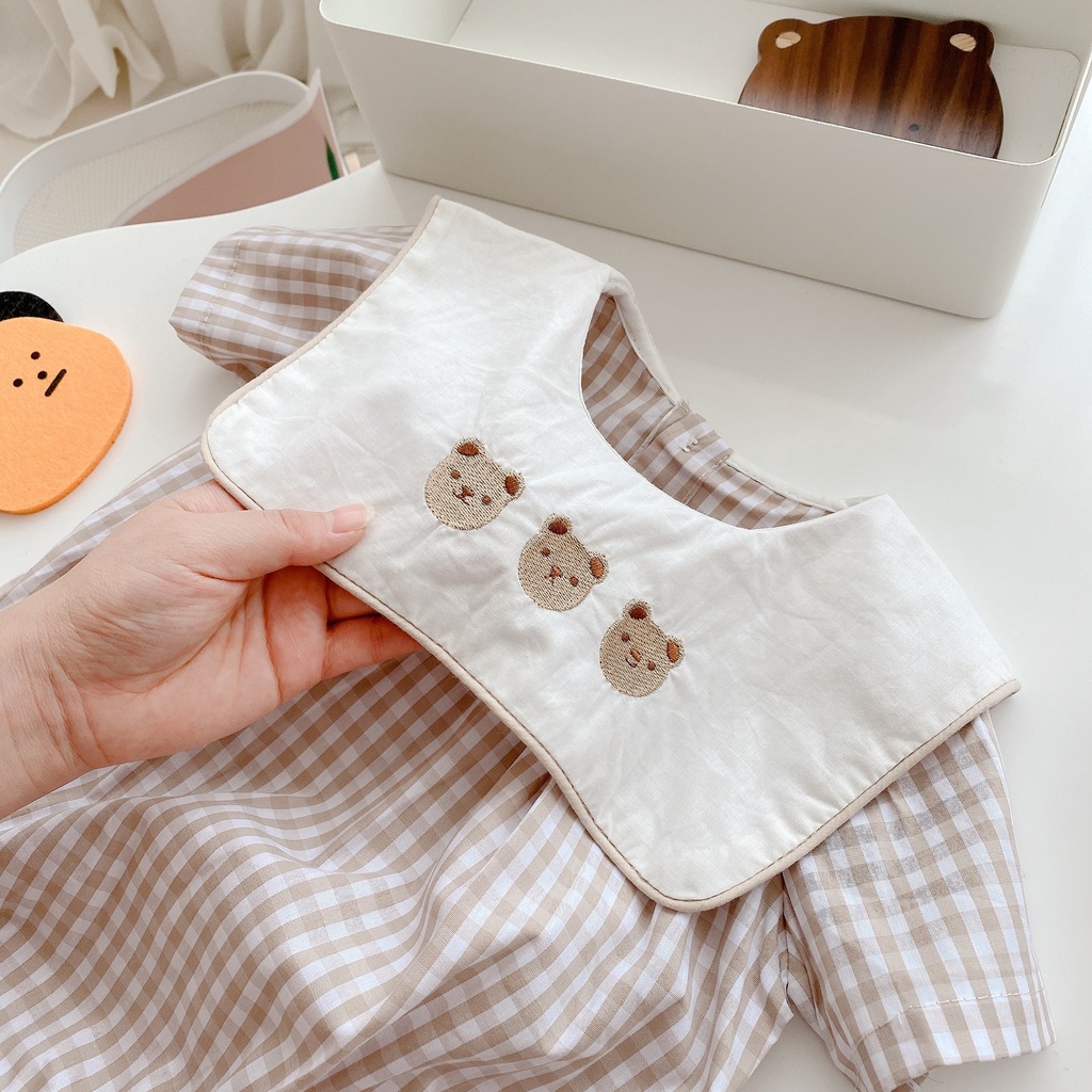 Áo Liền Quần Cổ Vuông Thêu Hình Gấu Dễ Thương Cho Bé Gái