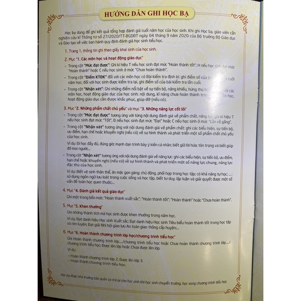 Sổ Học Bạ dùng cho học sinh Tiểu Học lớp 1-2-3 theo thông tư số: TT27.