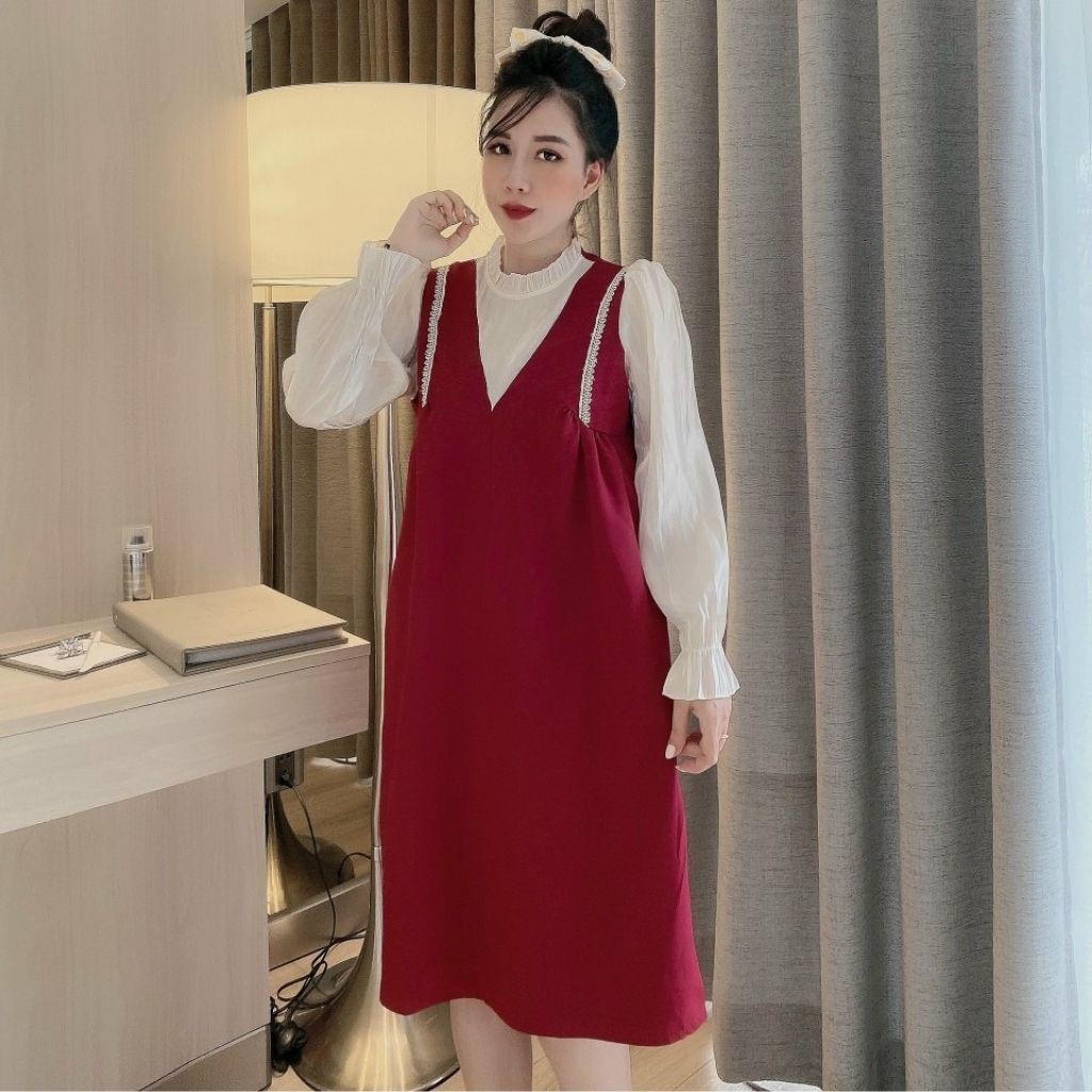 Váy bầu thời trang thiết kế dài tay M210 chất lụa hàn châu freesize từ 45 đến 70kg