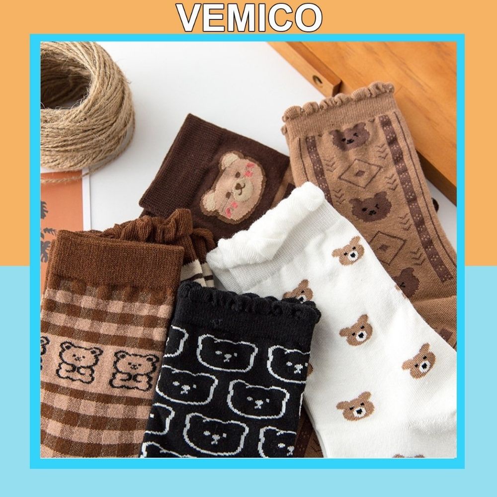 Tất nữ cao cổ hoạ tiết gấu dễ thương Vemico vớ vải cotton co dãn mềm mại TN140