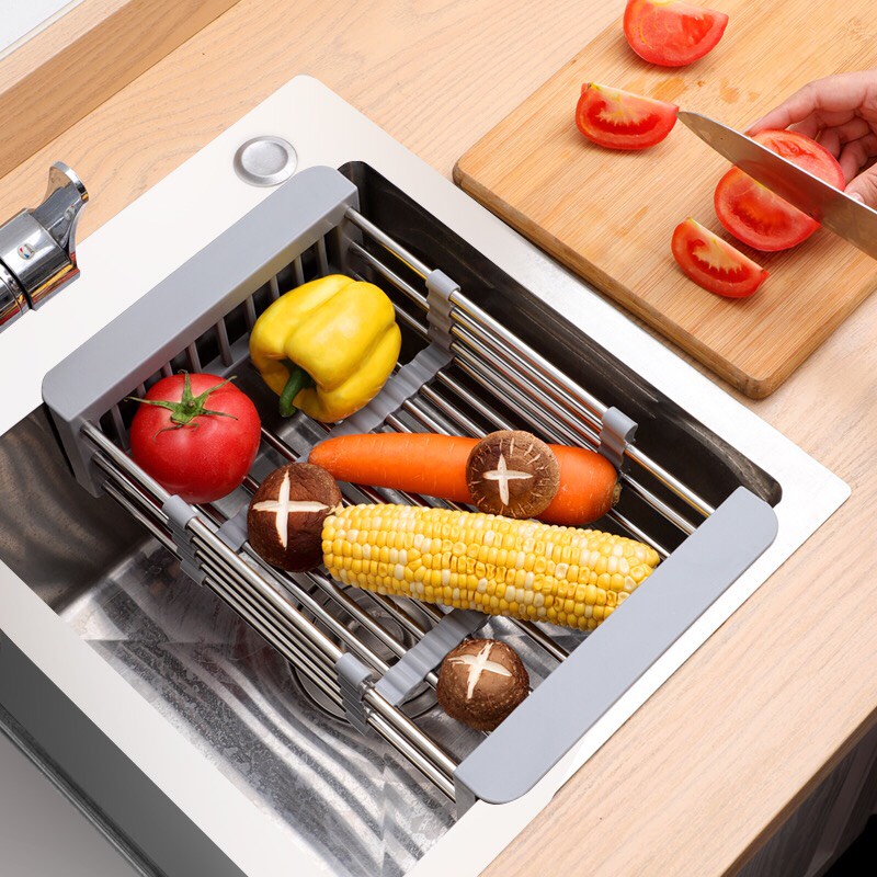 Khay Đa Năng Gác Chậu Rửa Chén - Rổ Kệ Inox Đa Năng Co Giãn - Rửa Rau, Trái Cây, Úp Chén Tiện Lợi- { H }