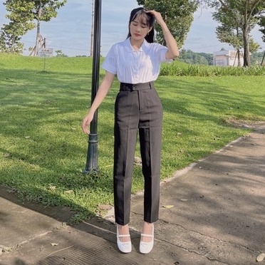 Quần tây baggy nữ công sở đi học khuy lệch màu đen cạp lưng cao ống đứng dáng âu Quần vải nữ học sinh tuyết mưa cạp cao