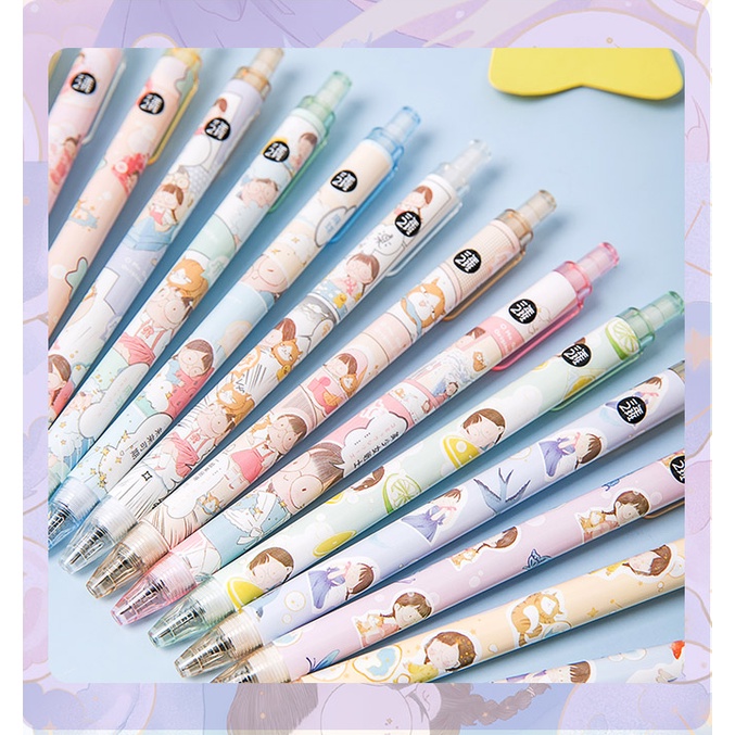 [Hàng mới về] Set 6 Bút bi bấm mực Đen in hình Hoạt hình Cô Bé Đáng Yêu