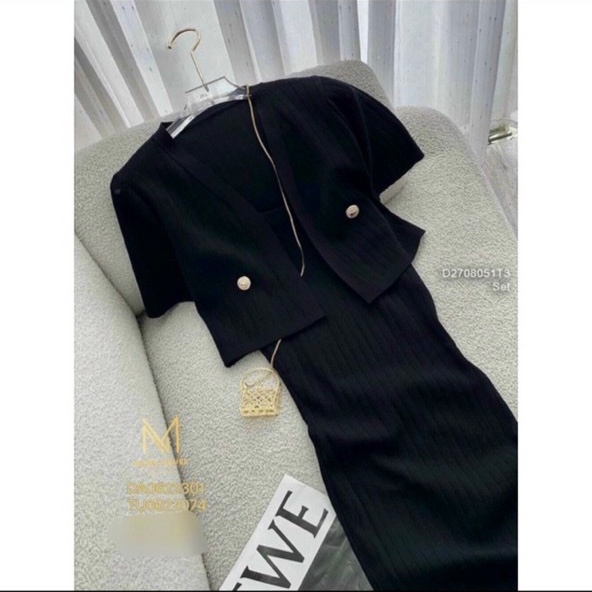 Set bộ nữ 2 món đầm 2 dây nữ body dáng dài kèm áo khoác dáng croptop tay ngắn chất thun gân hot 67