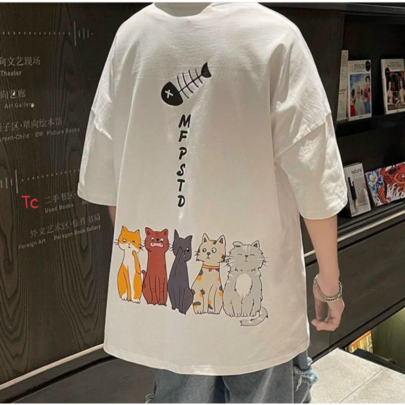 Áo Thun 5 Chú Mèo Cute Tay Lỡ Form Thụng Hottrend ( Kèm Ảnh Thật)
