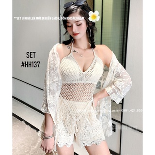 (Sẵn-nhiều mẫu) SET 3 MÓN Bikini len móc đi biển Trắng Quảng Châu