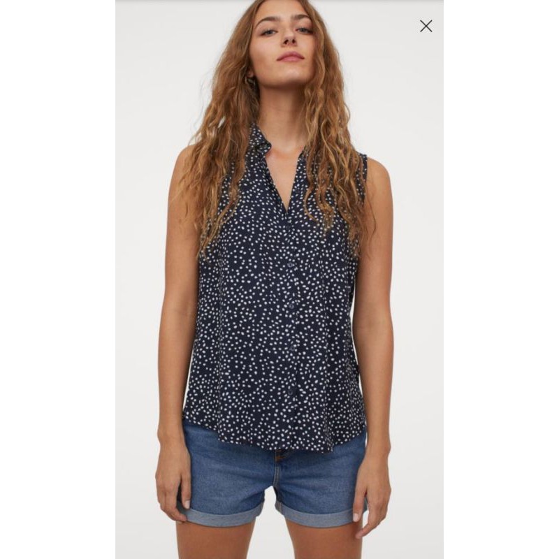 New HNM Áo Blouse Không Tay Màu Xanh Nước Biển - Đốm Trắng