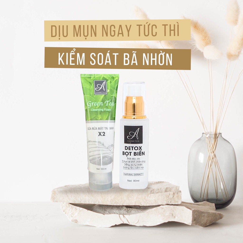 Bộ combo xóa mụn da mặt tiết kiệm, sữa rửa mặt trà xanh &amp; Detox bọt biển A Cosmetics - Beauty at home