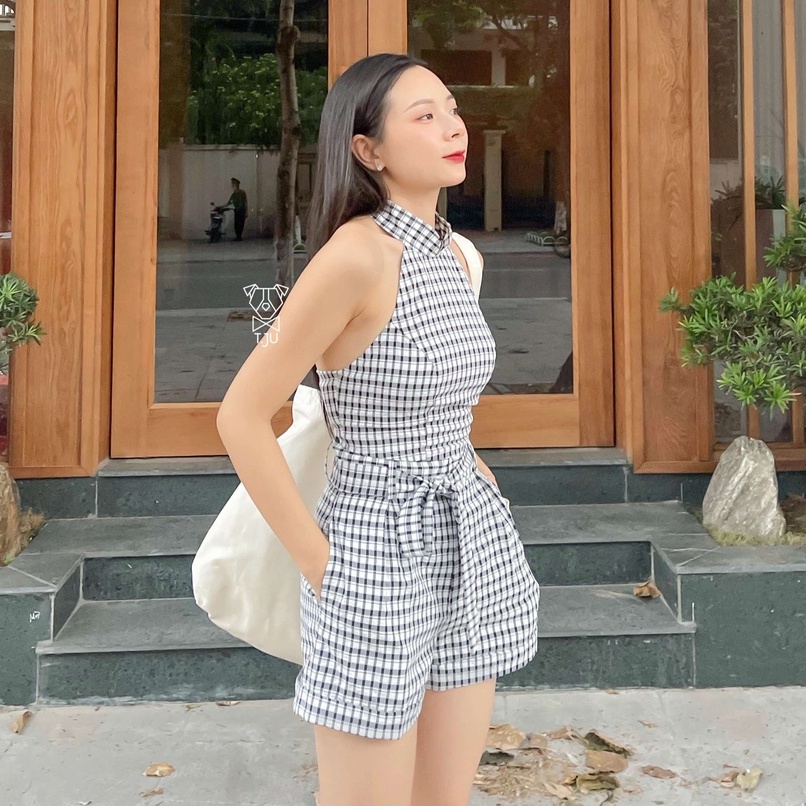 Áo yếm croptop. Áo kẻ caro hở lưng cổ tàu dáng ngắn freesize phong cách ulzzang Hàn Quốc, thiết kế T-Ju (yếm Merci Caro)