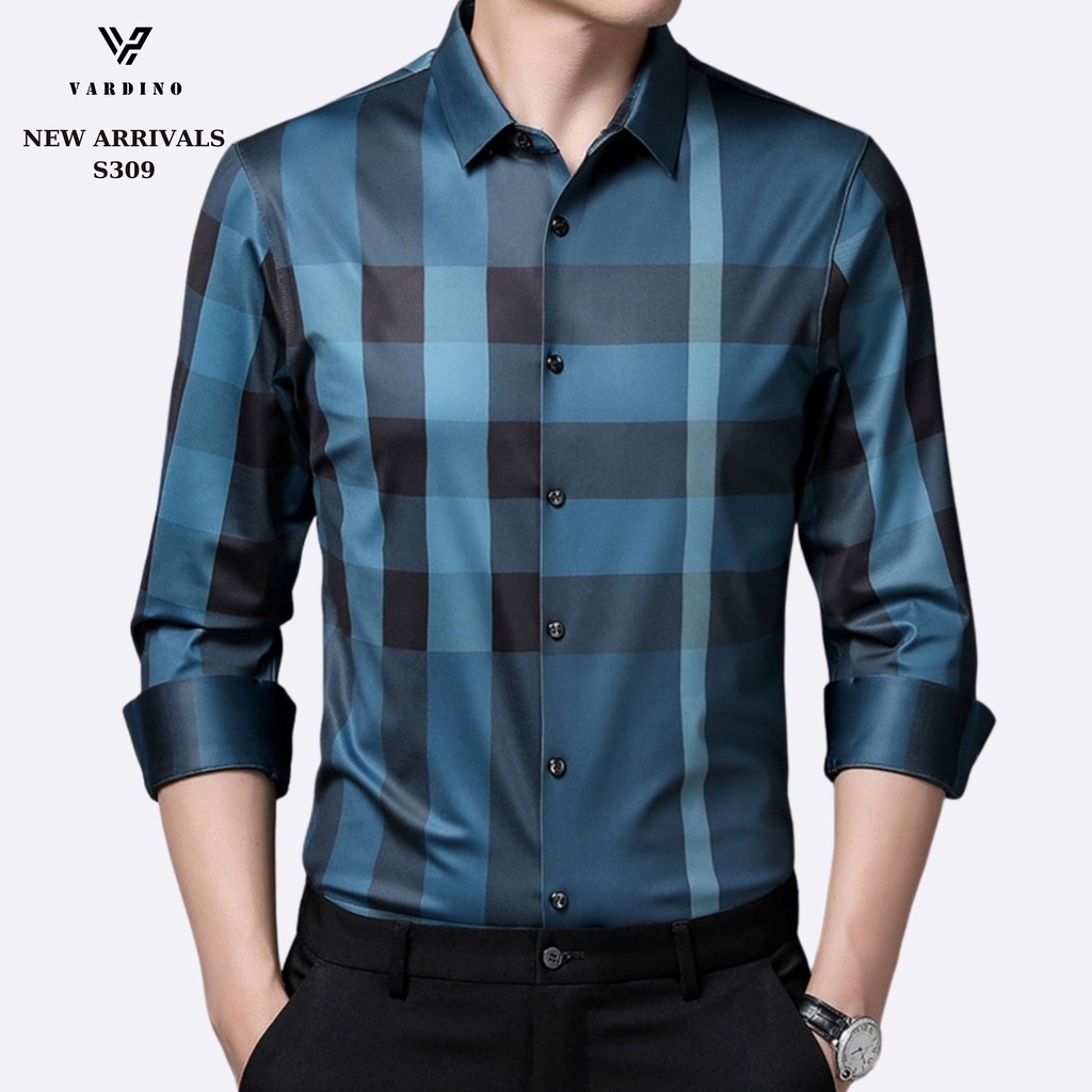 Áo sơ mi kẻ nam VARDINO tay dài vải Cotton lụa không nhăn không phai kiểu công sở trung niên s309