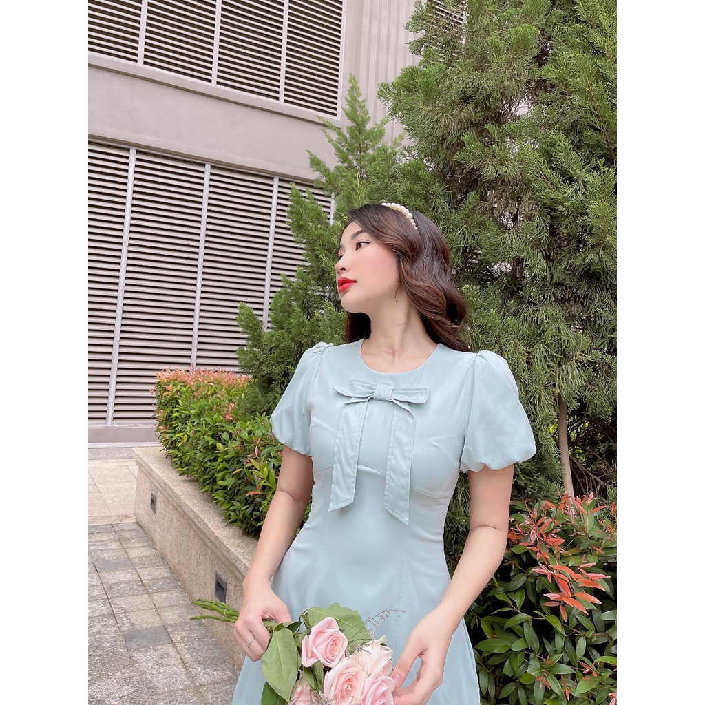 Đầm xòe Lomena dress C559 Tay bồng cổ tròn đính nơ trẻ trung Cin House