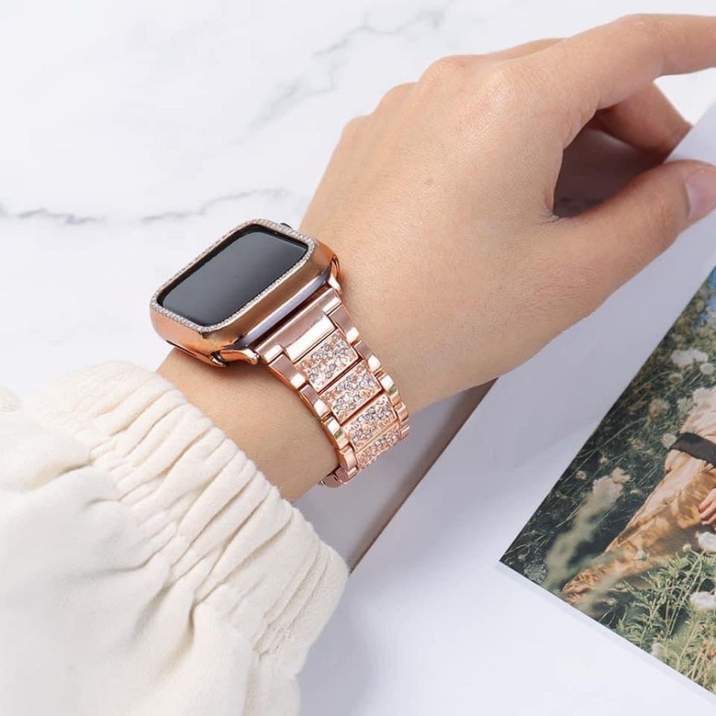 Dây thép Apple Watch mẫu thép họa tiết hoa văn đính đá sang trọng, quý phái