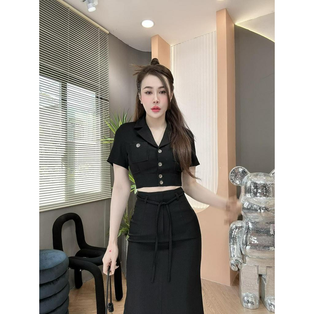 Set váy nữ công sở áo vest croptop mix chân váy form dài thanh lịch, sang chảnh