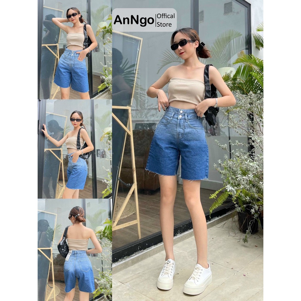 Quần jean ngố nữ ống rộng lai tua vải jean denim không co giãn bền đẹp, dễ phối đồ ANNGO - AT220