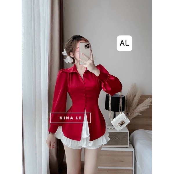 HV -Áo Sơ Mi Lụa Cúc Bọc Sẻ Nơ Lưng