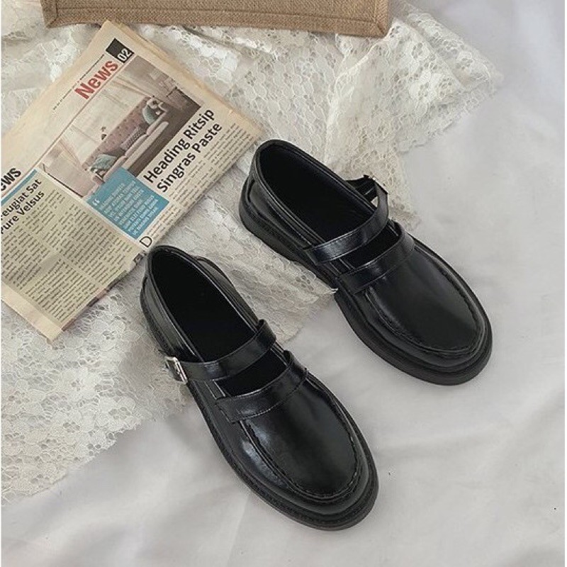 Giày ulzzang oxford vintage  da lỳ có dây vuông cho nữ phong cách hàn quốc trẻ năng động