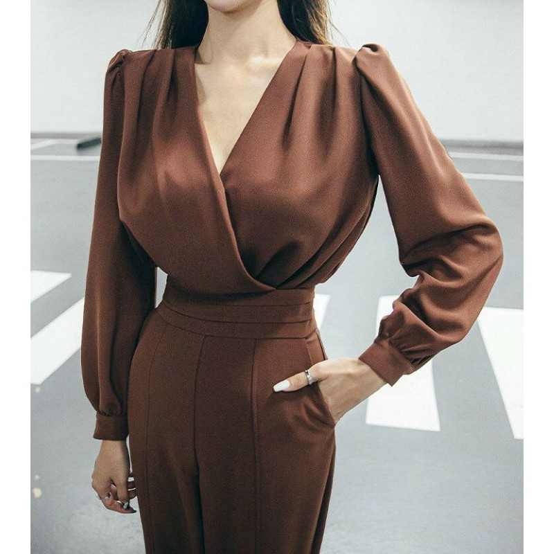 Jumpsuit dài lụa tằm Ý cổ V, bộ jum tay phồng sang trọng - DTH
