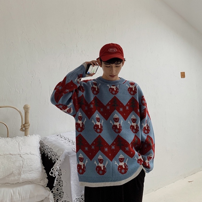 Áo Len Chui Đầu Dáng Rộng Họa Tiết Giáng Sinh Màu Đỏ Thời Trang Cho Nam Và Nữ Size S-2XL